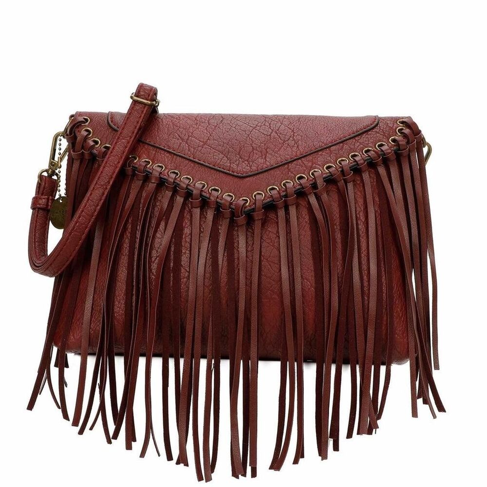 Burgundy fringe leather crossbody bag with detachable strap